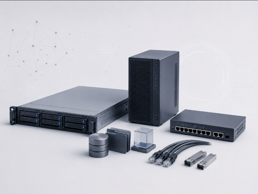 Servidor em rack, servidor torre, switch de rede e cabos de rede