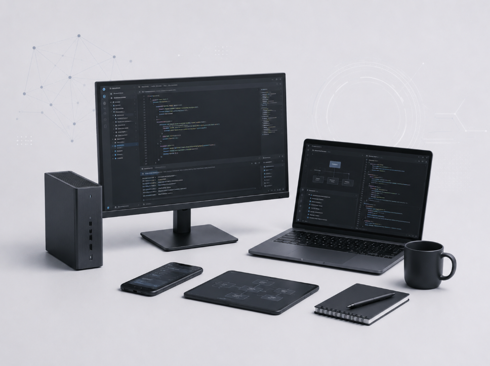 Estação de desenvolvimento com monitor, notebook, smartphone e tablet exibindo código e diagramas