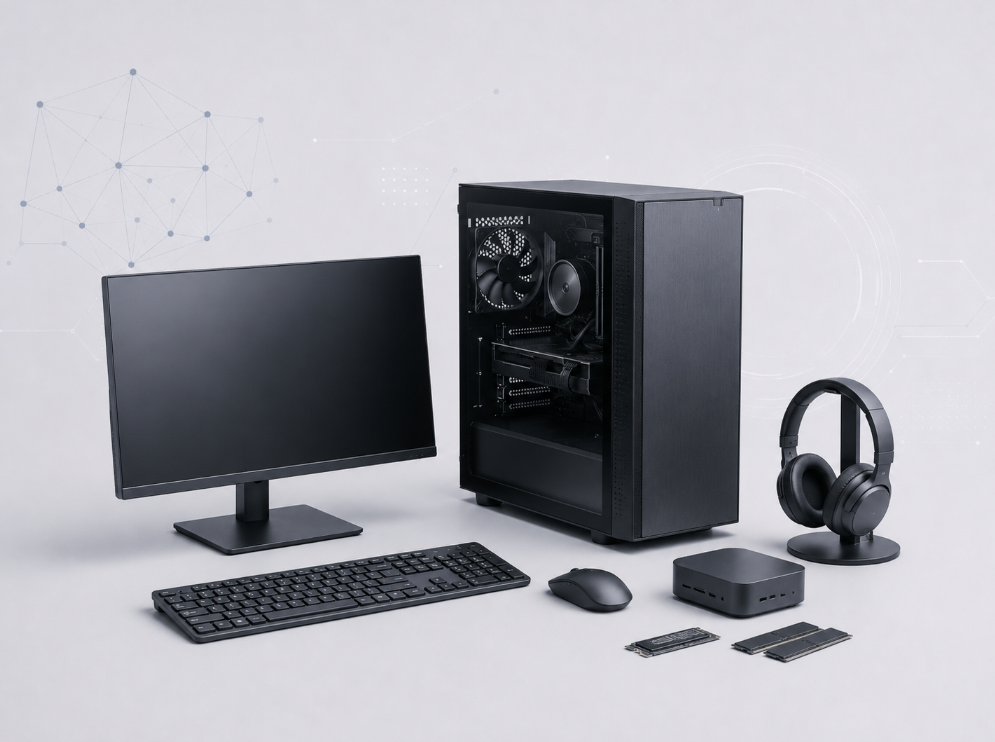 Monitor, gabinete, teclado, mouse, mini PC, memórias e headset
