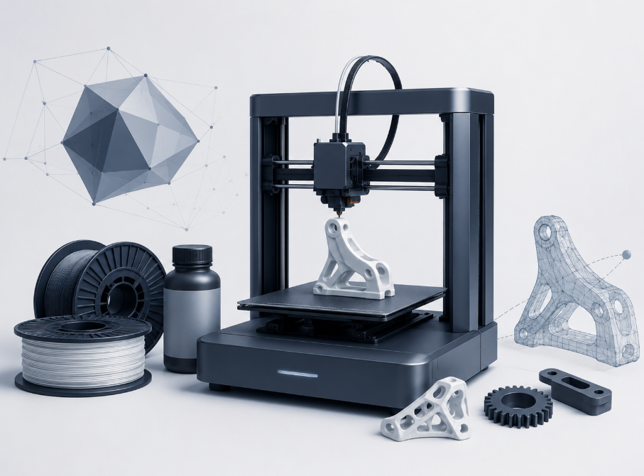 Impressora 3D com filamentos, resina e peças impressas