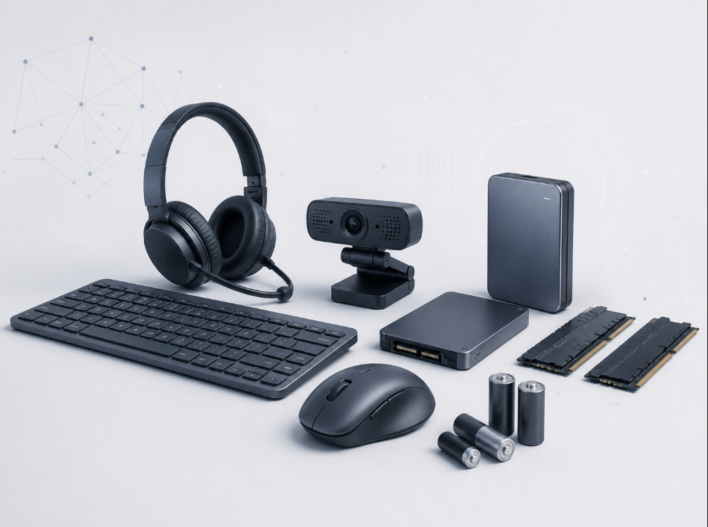 Teclado, mouse, headset, webcam, SSD, HD externo, memória RAM e pilhas